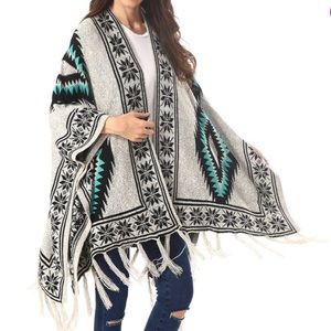 Black and Turquoise Geometric Tassel-hem Cardigan - Boho style OS NWT